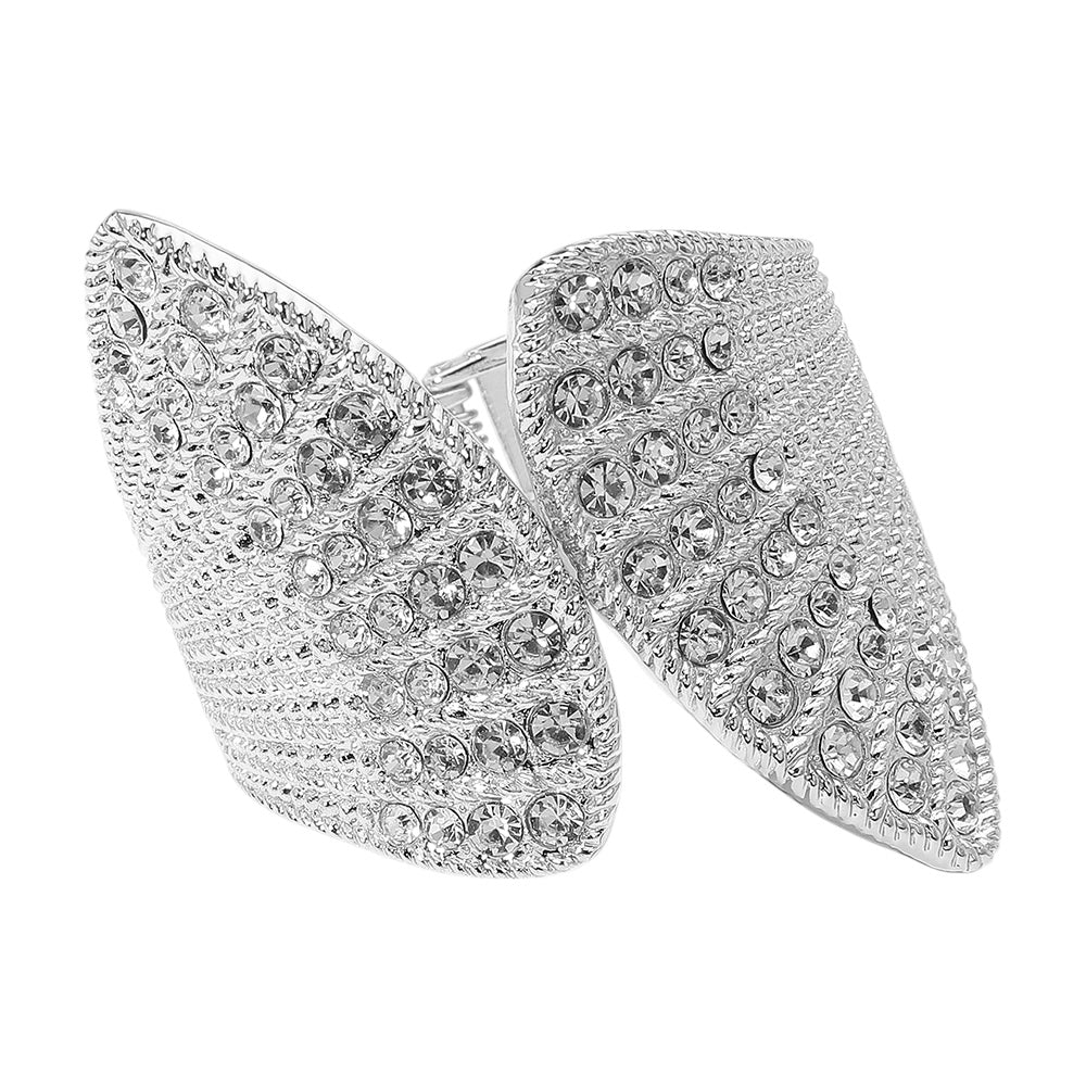 Stone Paved Textured Metal Wide Shell Tip Shaped Hinged Bangle Bracelet