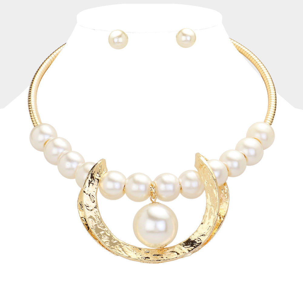 Pearl Pointed Textured Metal Crescent Pendant Statement Necklace