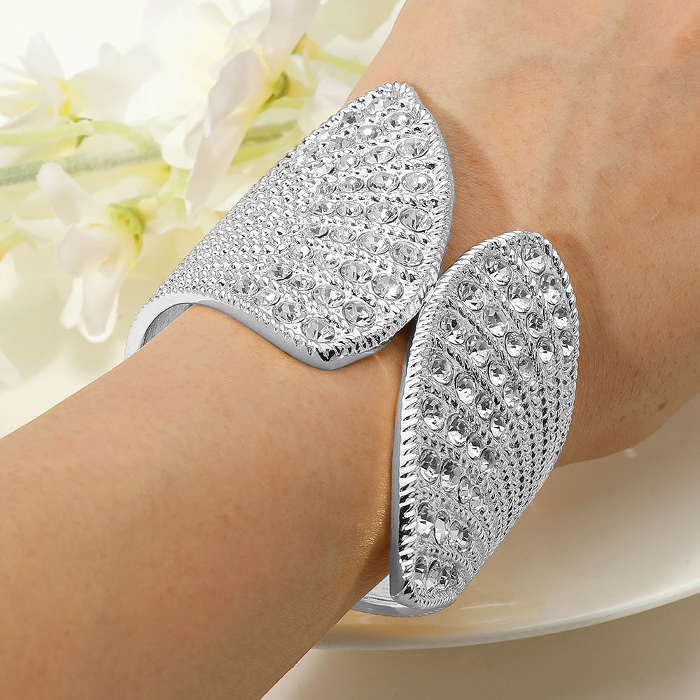 Stone Paved Textured Metal Wide Shell Tip Shaped Hinged Bangle Bracelet