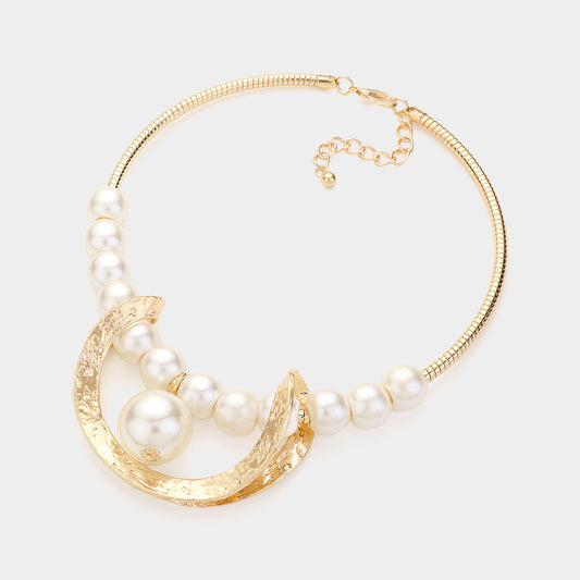 Pearl Pointed Textured Metal Crescent Pendant Statement Necklace