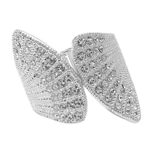 Stone Paved Textured Metal Wide Shell Tip Shaped Hinged Bangle Bracelet