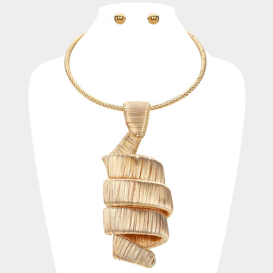 Oversized Metal Wire Wrapped Spiral Accented Statement Necklace