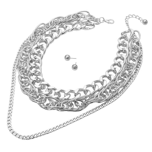 Chunky Metal Layered Chain Statement Necklace