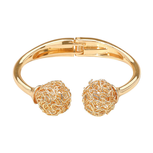 Textured Metal Sphere Tip Hinged Cuff Bangle Bracelet