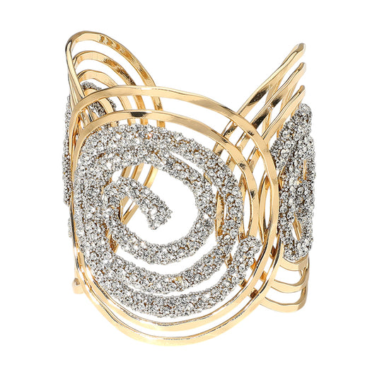 Stone Paved Abstract Spiral Wide Cuff Bracelet