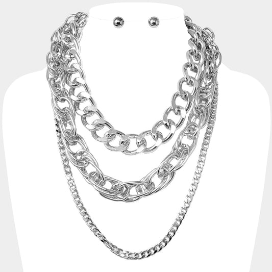 Chunky Metal Layered Chain Statement Necklace